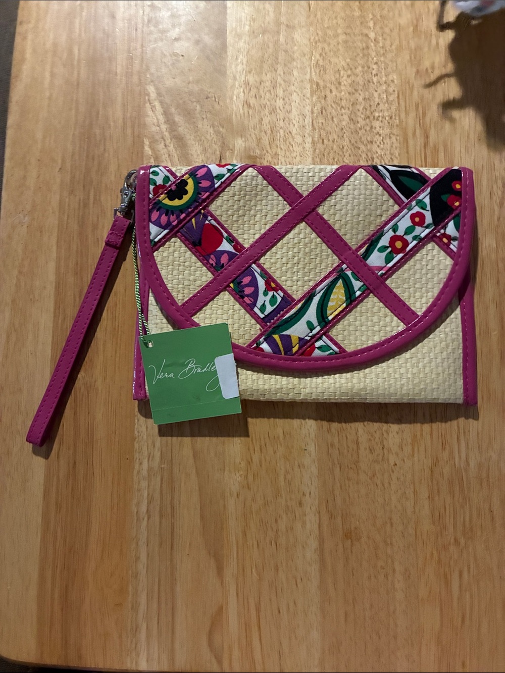 Vera Bradley Pink-Trim Straw Wristlet with Floral Accents